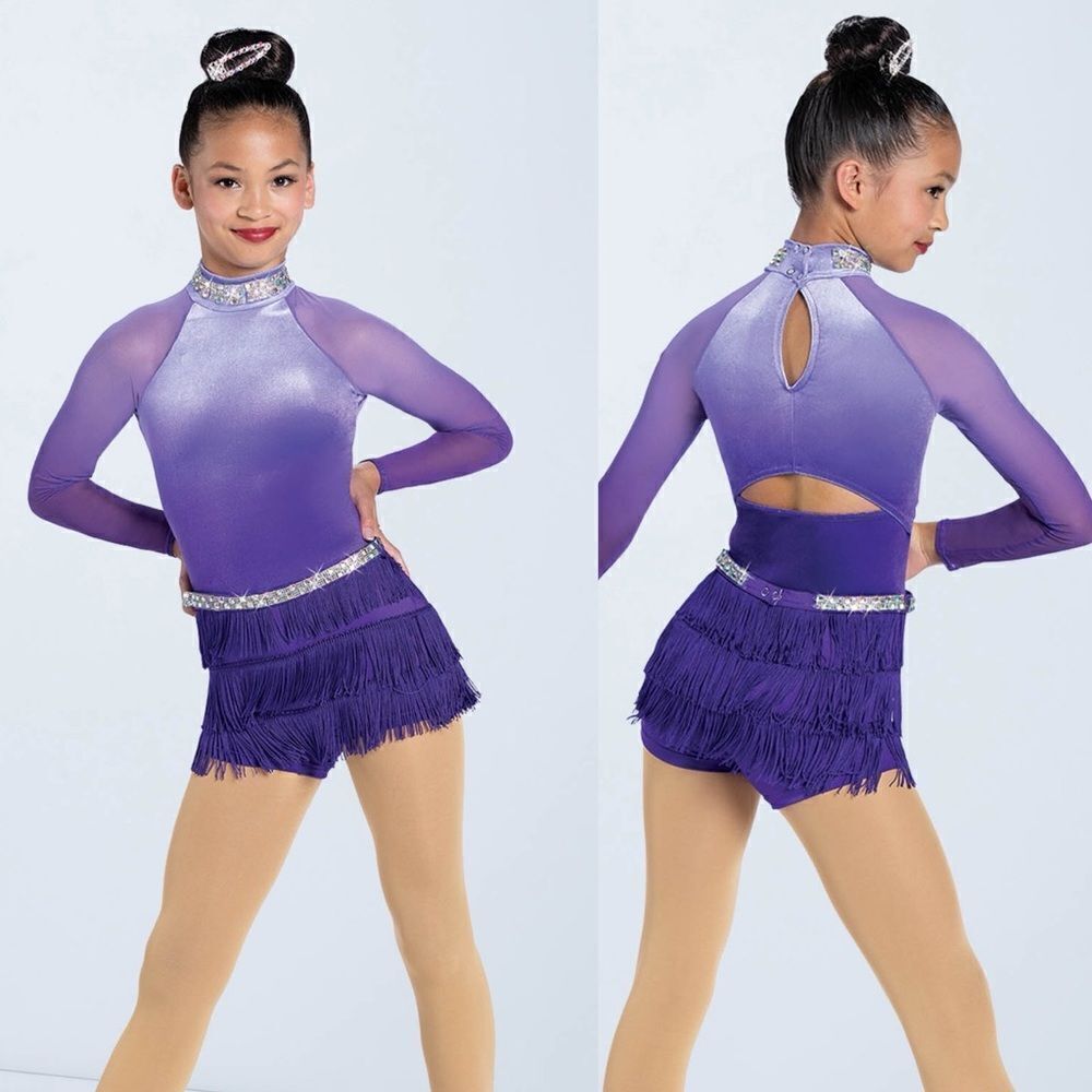 WEISSMAN Dance Costume purple fringe velvet mesh sleeve All The Ways 13290 MA